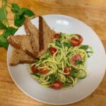 Pesto Zucchini Noodles with Garlic Bread